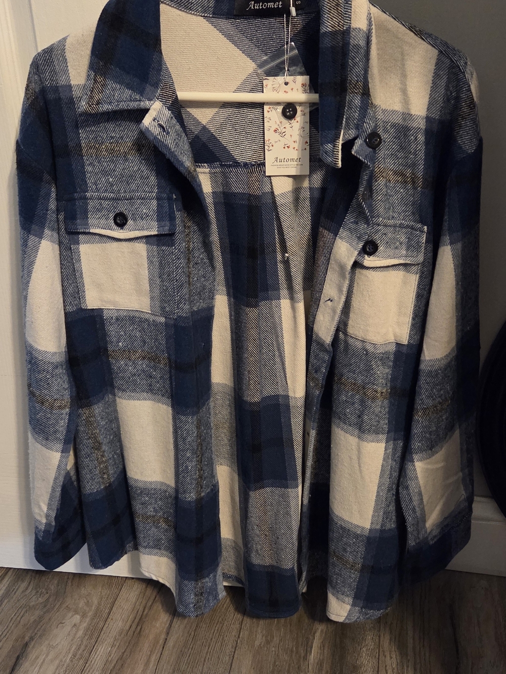 Automet Blue & White Plaid Button-Front Jean Jacket